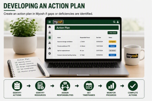 <p>If the evaluation identifies gaps or deficiencies, create an action plan in Myosh.</p><p>Identify all necessary resources required for implementation, assign clear responsibilities for each action item, remembering to collaborate with the action assignee to clarify action and timeframe for completion.</p><blockquote><p><strong>Refer:</strong> <a target="_blank" rel="noopener noreferrer nofollow" class="e-rte-anchor" href="https://knowby.pro/view/0d330262-cf43-468a-85ec-9de7e477e76a" title="https://knowby.pro/view/0d330262-cf43-468a-85ec-9de7e477e76a">Myosh - Actions Management</a></p></blockquote><p></p>