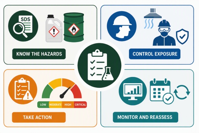 <p><strong>Know the Hazards:&nbsp;</strong>Use the SDS to understand the dangers (Sec. 1-3).</p><p><strong>Control Exposure:</strong>&nbsp;Evaluate how exposure might occur to workers or the environment and ensure existing controls are effective.</p><p><strong>Take Action:</strong>&nbsp;Determine the risk level and create an action plan to address control gaps.</p><p><strong>Monitor and Reassess:&nbsp;</strong>Regularly monitor chemicals and controls; reassess when changes occur (e.g., storage, processes).<br></p>