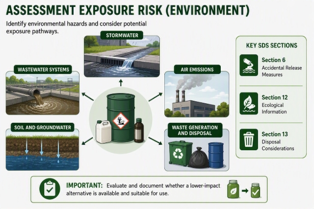 <p>Identify environmental hazards and consider potential exposure pathways caused by a spill, leak or release into stormwater, wastewater systems, soil and groundwater, air emissions or by waste generation and disposal.</p>