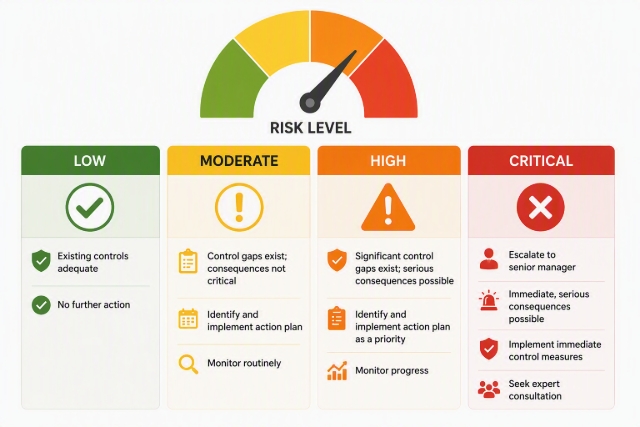 <p>Based on the hazard, exposure and control assessment, determine the risk rating and required actions.</p><ul><li><p><strong>Low:</strong> No action required.</p></li><li><p><strong>Moderate:</strong> Implement and monitor actions.</p></li><li><p><strong>High:</strong> Prioritise and monitor actions.</p></li><li><p><strong>Critical:</strong> Escalate and act immediately.</p></li></ul><p></p>