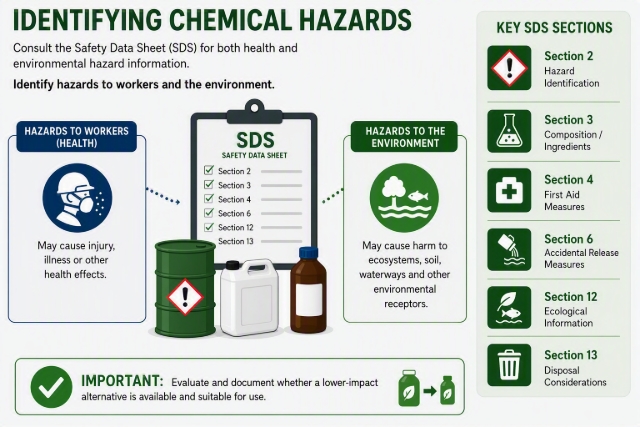 <p>Consult the Safety Data Sheet (SDS) for both health and environmental hazard information. Identify hazards to workers and the environment.</p><blockquote><p><strong>Refer:&nbsp;</strong><a target="_blank" rel="noopener noreferrer nofollow" class="e-rte-anchor" href="https://knowby.pro/view/7dfaf065-f8dc-47be-893f-cd830c9d39a0" title="https://knowby.pro/view/7dfaf065-f8dc-47be-893f-cd830c9d39a0">Reading a Safety Data Sheet (SDS)</a></p></blockquote><p></p>