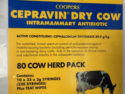 <p><strong>Please READ/ UNDERSTAND AND CONVEY TO STAFF information on correct usage and click the complete step.</strong></p><p></p><p><klink>Correct dry off technique</klink></p><p></p><p><strong>USE</strong></p><p>Dry cow therapy only. To be used at dry off to aid in curing existing cases of sub clinical mastitis and prevention during the dry period.</p><p><strong>DOSE</strong></p><p>Clean teat end with a teat wipe. Insert one tube per quarter. Ensure it ends up in the udder not the teat canal.</p><p><strong>WITH HOLD </strong></p><p>Milk must be with held for a minimum 49 days post treatment plus another 8 milkings post calving irrespective if it is beyond 49 days.</p><p>Meat with hold is 21 days.</p>