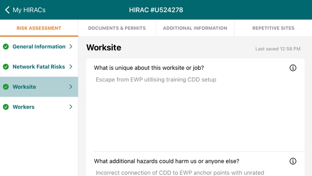 <p>Complete an eHIRAC on the Trainers iDevice, involving ALL workers onsite, prior to the MEWP being set up for the assessments.</p>
<p>Summarise the additional controls for the activity, including those explained in the following steps:</p>