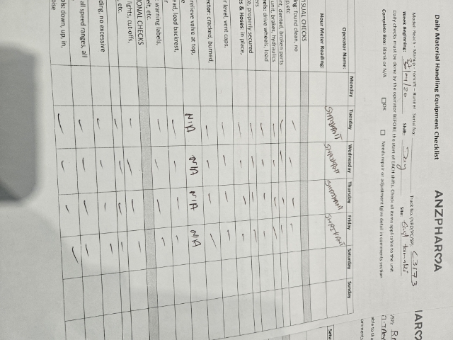 <p>Forklift and Reach checklists are maintained for this week.</p>