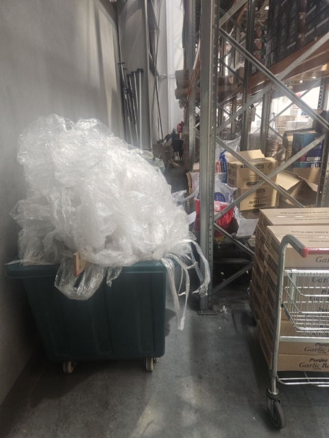<p>The bin is full, and this area in the Punjas Aisle needs to be cleaned on a fortnightly or Monthly basis.</p>