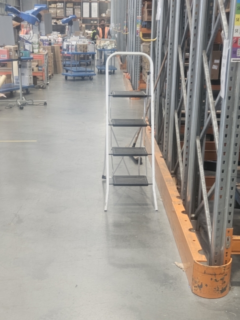 <p>The old ladder came out. It has missing shoes and its legs are partially bent. </p><p>Many aisles don't have a ladder. Team always bring ladder's from one aisle to another. </p><p>After use, they leave the ladder in the aisle. </p><p>Hooks are provided, but no ladder found on those hooks. </p><p></p><p></p>
