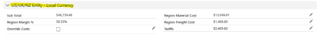 <p>For Scultpform US/UK/NZ - use this section - local currency (USD/GBP/NZD) this is calculated from the project card using AUD Equivelant field.</p><p></p><ol><li><p>Sub Total - what the customer pays.</p></li><li><p>Region Material Costs - SF Planned cost for materials in AUD X 1.4 converted to local currency.</p></li><li><p>Region Freight cost - Calculates from Freigh Cost field converted to local currency.</p></li><li><p>Tariffs - US only - SF Planned cost for materials in AUD X 1.18 / 2 converted to local currency.</p></li></ol><p>2-4 update automatically, unless Override costs is ticked, then you can adjust - eg if US is only buying tracks from AU.</p><p></p><ol start="2"><li><p>Region Material Costs - Local quote + AU tracks/accessories sell rate converted to local currency.</p></li><li><p>Region Freight cost - Enter estimated internal/air freight.</p></li><li><p>Tariffs - will only be on the tracks/accessories - so you would get AUD cost of materials X 1.18 / 2 and convert to USD.</p></li></ol><p></p>