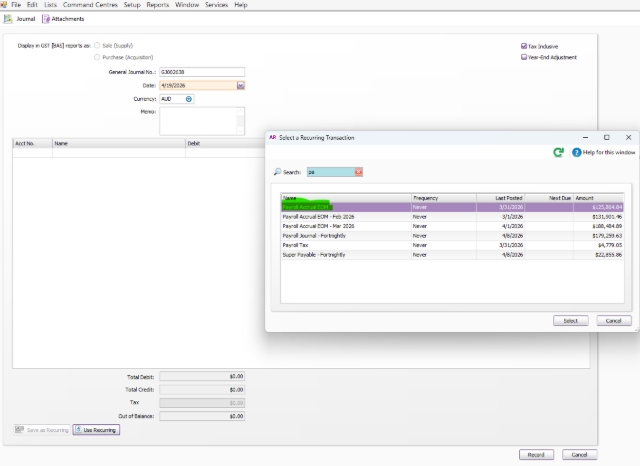 <p>Used the Payroll Accrual EOM in recurring</p>