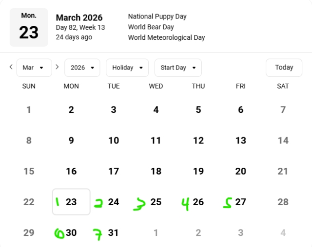<p>Start counting the number of weekdays. Weekends no included.</p>