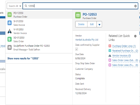 <p>Entering Stock invoices in Salesforce
Type PO number in search E.g. PO-12053</p><p>The below page will appear after clicking on PO-12053.
Check the Name of the company to make sure you are on the right page.
Check Status of the order (complete or partially complete).
Order has been received or not.
Always refer delivery docket while entering the invoice</p><p>•
•
•
•</p>