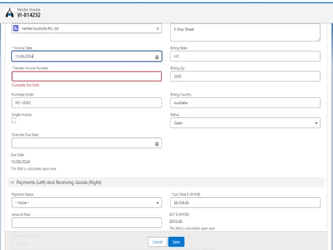 <p>Enter the date same as on the supplier invoice
Enter invoice number
If the status of the order is partially complete, then put 12053A for this invoice. In this
PO’s we have two invoices to enter so in the first invoice put 12053A and for the second
invoice 12053B.</p><p>•
•</p><p>If the status of the order is complete, and there is only one invoice for then tick on the
single invoice.
Enter Ex-GST figure from the invoice
Click Save</p>