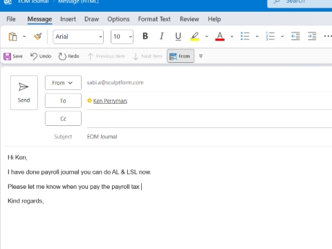 <p>When he said he done the AL & LSL then you can do a journal
Go to Account
-Click Record Journal entry
-Use recurring Journal
- Change Memo & date
- change figure as per excel sheet
Note if there is a slight difference change the debit side at Production AL&LSL</p>