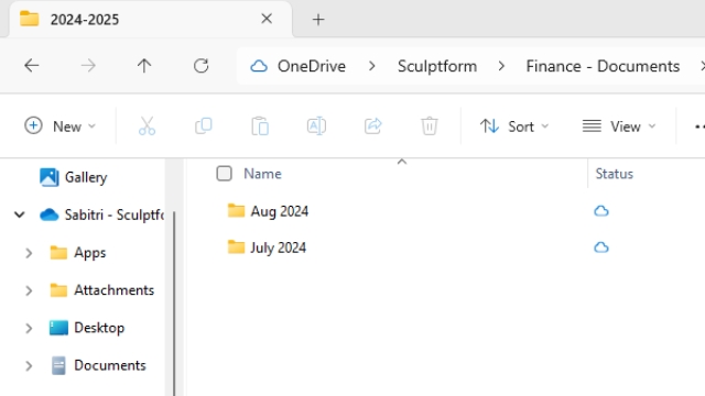 <p>Payroll Accruals, AL & LSL, Workcover & Payroll Tax Journal Location - Sculptform\Finance - Documents\General\Finance\Sculptform AU Pty Ltd\EOM Process - Monthly\2024-2025</p><ul><li><p>Create a new folder each month (E.g. September 2024)</p></li><li><p>Copy & paste August’s excel sheet & rename it to SEP 2025</p></li></ul><p></p>