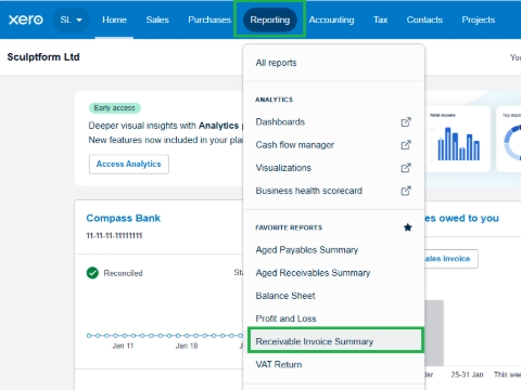 <p><strong>Download Invoiced last month from XERO (USA &amp; UK)</strong></p><p></p><p>Go to Report</p><p>Select Receivable Invoice Summary</p><p></p>
