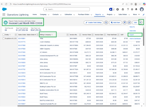 <p><strong>Download the Invoiced Last Month with COGS from Salesforce</strong></p><p></p><p>Open the <strong>COGS Report</strong> in Salesforce (SF).</p><ul><li><p>Click Billing Company to sort the list A–Z.</p></li><li><p>Click the <strong>arrow down beside Edit</strong></p></li><li><p>Select <strong>Export</strong>.</p></li></ul><p>The extracted file will automatically be saved to <strong>Downloads</strong> folder.</p>