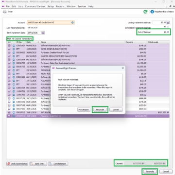 <p>To Complete the Reconciliation:</p><p></p><p>Return to the <strong>Reconcile Accounts</strong> window.</p><p></p><ul><li><p>Tick all transactions involved in the reconciliation.</p></li><li><p>Verify the Cleared Amount to ensure it is correct.</p></li><li><p>Confirm that the Out of Balance amount shows 0.00.</p></li></ul><p>Once everything matches, click <strong>Reconcile </strong>to complete the process.</p>