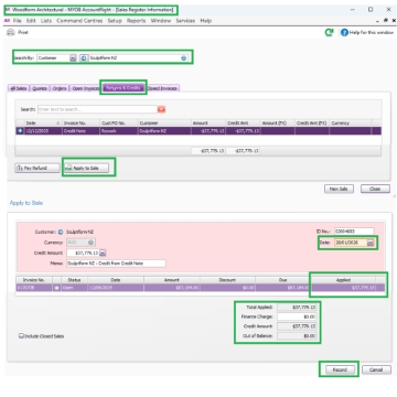 <p>As shown in the example, there is a credit note (SFM‑Rework ‑$37,779.13) in the statement file. This must be applied first before applying the payment received from SFM NZ.</p><p></p><p>Go To Dashboard:<br>>>Sales<br>>>Sales Register<br></p><p>Then search and choose, either:</p><ul><li><p>Sculptform NZ</p></li><li><p>Sculptform UK</p></li><li><p>Sculptform USA LLC<br></p></li></ul><p>>>Returns & Credits<br>>>Apply to Sale<br><br>>>Date<br>>>Applied Amount<br>>>Record</p><p></p><p></p>