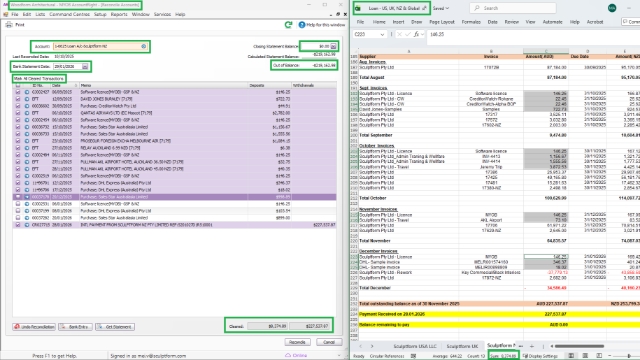 <p></p><h3><strong>Compare & Match the MYOB Invoices</strong></h3><p><strong>To reconcile</strong>, go to <strong>Dashboard</strong>:</p><ol><li><p><strong>Banking</strong></p></li><li><p><strong>Reconcile Accounts</strong></p></li></ol><p>Then:</p><ul><li><p>Select the <strong>Account#</strong> (NZ, US, or UK).</p></li><li><p><strong>Closing Statement Balance:</strong> <code>0.00</code></p></li><li><p><strong>Bank Statement Date:</strong> <em>Today</em></p></li></ul><ul><li><p>Tick only the <strong>MYOB transactions</strong> that have been paid as per the statement.</p></li><li><p>The screen will show the <strong>Cleared Amount</strong> (below) and the <strong>Out of Balance</strong> amount (above).</p></li><li><p>At this point, the <strong>Out of Balance</strong> amount should correspond to the <strong>SFM invoices</strong> in the statement (& bank fees for US).</p></li><li><p>Always review and ensure everything matches the MYOB & Statement file.</p></li></ul><p>Then go back to the Dashboard to enter the payment for the SFM invoices.</p><p></p>