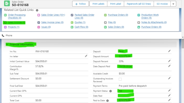 <p>#2 Deposit (normally 33%) or Balance payment (from prepaid customer) for SO. BOQ has been converted to SO, but INV has not been done. In this case we must apply the payment to SO in SF in the Financial info Section. *SO and INV number are the same in SF. Only difference (INV- and SO-)</p>