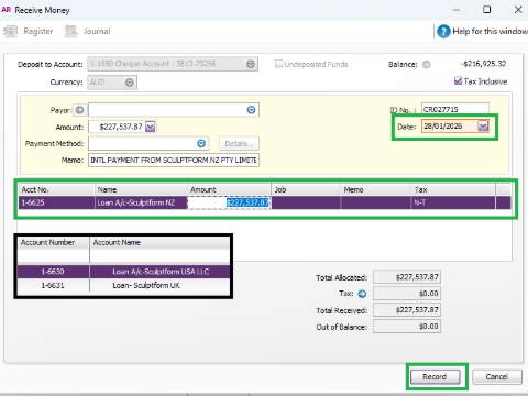 <p>At <strong>Receive Money:</strong></p><p></p><p>-<strong>Date </strong>must match the date payment appears in the bank feed.</p><p>-Choose the <strong>Account Number where the payment came from</strong> — in this case, it is SFM NZ.</p><p></p><p><strong>Loan Account Numbers</strong></p><p>NZ: 1‑6625</p><p>USA: 1‑6630</p><p>UK: 1‑6631</p>