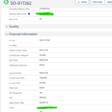 <p>List of invoices created Last month and This Month <a target="_blank" rel="noopener noreferrer nofollow" href="https://sculptform.lightning.force.com/lightning/r/Report/00OMn00000I1l8zMAB/view?queryScope=userFolders">Sales Invoices</a></p><ol><li><p>Open the Sales Order.</p></li><li><p>Find the related SO as per image.</p></li></ol><p></p>