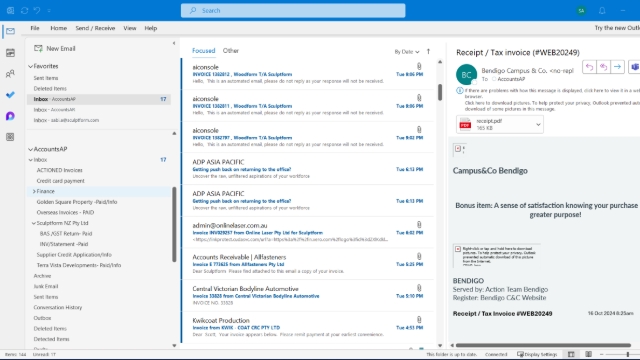 <p>Checking Accounts AP/AR emails Every morning, we must check AP/AR email after doing the bank feed. Accounts AP email</p><p>• •</p><p>Categories US and UK - Sabi</p><p></p><p>Categories Stock invoices and NZ – Mei </p><p></p><p>MYOB invoice/Operating exp. – Anthony</p>