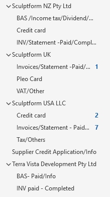 <p>Drag the email invoices to their designated folder:</p><p></p><ul><li><p>Sculptform NZ</p></li><li><p>Sculptform UK</p></li><li><p>Sculptform USA LLC</p></li><li><p>Terra Vista Development</p></li></ul><p></p><p></p><p></p>