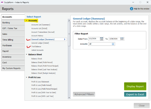 <p>Generating report for GL & TB is under Accounts.</p>