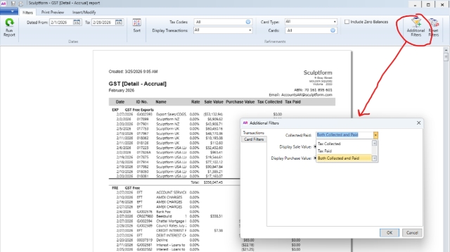 <p>Generating the report for Collected and Paid. Same process for GST report and need click the Additional Filters.</p><p></p><p>For GST collect choose Tax Collected</p><p>For GST paid choose Tax Paid</p><p></p><p>Click OK and Run report.</p><p>Note - please check each transactions & make sure the GST is correct</p>