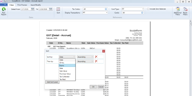 <ul><li><p>Generating GST report.</p></li><li><p> Click - Sort</p></li><li><p>Then in Sort by choose Name click OK and export to excel</p></li></ul><p></p><p></p><p> </p>