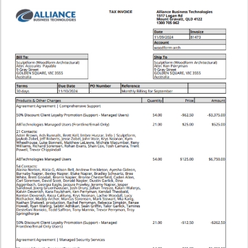 <p>Alliance Business Technologies</p><p>Check invoice and add up the below 6 numbers - Service /Support invoice = 6-7604 Service & Software Development</p><p>Remaining Balance go to 6-7602 Software Licence</p>