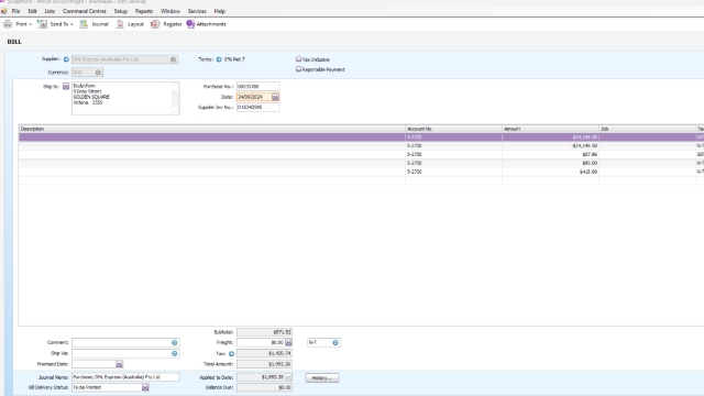 <p>D invoices are Australian Duty & Taxes – allocated to 5-2730 account - but need to split
accordingly (like Mondiale Disbursement invoice) - Change the payment term to 7 days</p><p>Sample entry:</p>
