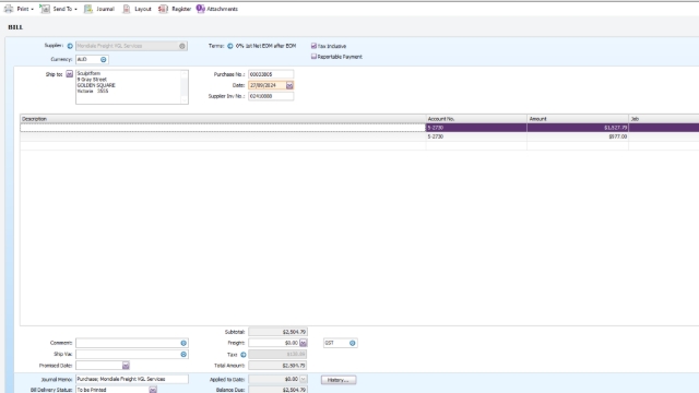 <h1><strong>Notes on Supplier</strong></h1><p></p><ul><li><p>Mondiale Invoices - Normal Freight INV and Disbursement INV – Check GST or NT & change Payment terms on Disbursement invoice (7 days) - Check Freight invoices process on how to enter them in MYOB Two types of in invoice: Tax invoice DISBURSEMENT (always change the Purchase No. to DISBURSEMENT and change the due date terms) and untick the Tax Inclusive will be same with DHL - D</p></li></ul><p>in doing the entry. This process</p><p>Sample entry:</p>