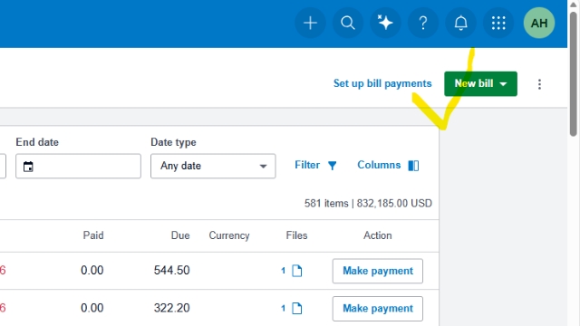 <p>On Purchases Click New bill</p>
