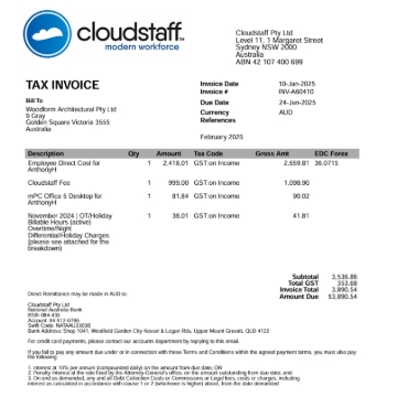 <p>Cloud staff Invoices Invoice for Jesper & Kiazea – Go to 6-4105- Customer service wages Invoice for Anthony – Go to 6-7505 Admin wages</p>