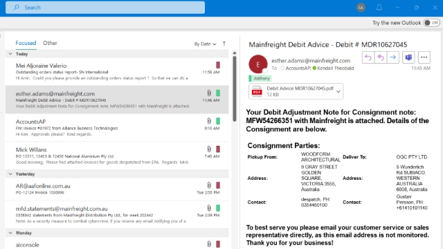 <p>Mainfreight Distribution Pty Ltd Do not enter - Debit advice</p><p>Only enter- Statement invoice after Georgia Approvals</p>