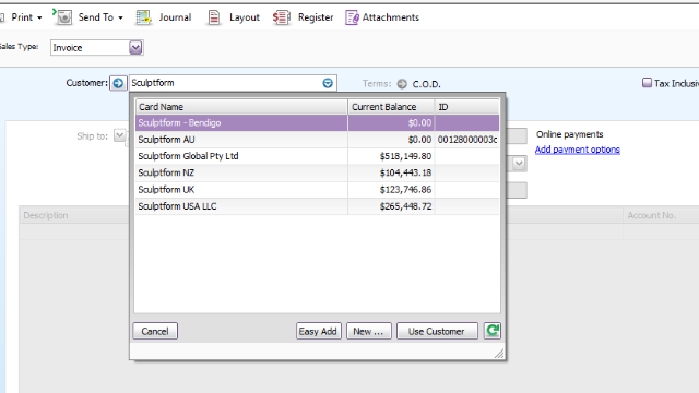<p>Creating sales invoice:</p><p>&nbsp;</p><p>Select from Customer:</p><p></p><p>Scuptform USA LLC for US invoice.</p><p>Scuptform UK for UK invoice.</p><p>Scuptform NZ for NZ invoice.</p><p></p>