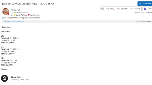 <p>Sample email computation of DMC from Alison&nbsp;</p>