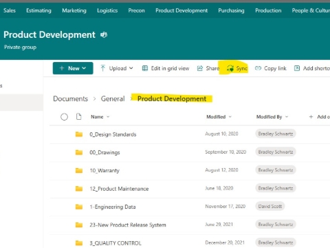 <ol><li>Find the site you want to sync from <a class="e-rte-anchor" href="https://wfarch.sharepoint.com/sites/sculptform" title="Sharepoint | Home" target="_blank" aria-label="Open in new window">Sharepoint | Home</a></li><li>Navigate to the document folder</li><li>Click Sync</li></ol><p>**Warning - Sharepoint can hold a lot more data than your PC so just sync folders you will use every day - eg. the Project plans folder is too large to sync to most laptops.</p><p><br></p><p>See this Knowby if you need to free up space.</p><p><a class="e-rte-anchor" href="https://knowby.pro/view/6534c18a-42d4-4249-915f-aaff2001e9f1" title="https://knowby.pro/view/6534c18a-42d4-4249-915f-aaff2001e9f1" target="_blank" aria-label="Open in new window">Free up Onedrive space</a></p>