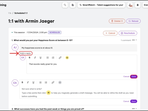 <p><span>4. Click the down arrow button for the point you need.</span></p><div>5. Click the Add a Reply button for the comment you need.</div><div>6. Write your reply.</div><div>Click the Save button</div>