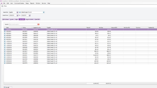 <ul><li><p>In MYOB go the purchase register & Search Supplier Abbot supply</p></li><li><p>Match our entered invoices with their statement. </p></li></ul><p></p>