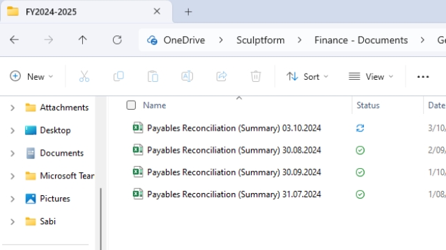 <p>Save the export excel sheet on Finance - Documents\General\Finance\SUPPLIERS - Accounts Payable\Payable Reconciliation - Reports\FY2025-2026</p>