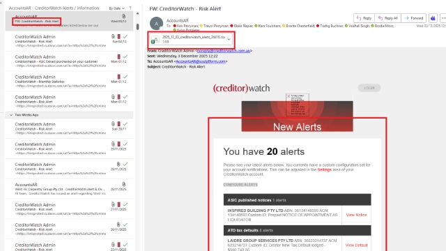 <p>CreditorWatch also sends email notifications and alerts about company status updates, such as ASIC changes, ATO tax defaults, and risk score adjustments.</p><p></p><p>Through these emails, you can easily review updates for each company. If there are many alerts, you can open the attached Excel file to browse the full report and monitor all companies with major credit score changes.</p>