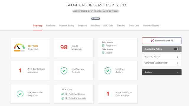 <h3><strong>Review Company Details</strong></h3><p>Verify the following information:</p><ul><li><p><strong>Credit Score & Risk Rating</strong></p><ul><li><p>If the risk score has decreased, investigate the possible reasons. Common causes include:</p><ul><li><p><strong>ATO Tax Defaults</strong></p></li><li><p><strong>Payment Defaults</strong></p></li><li><p><strong>Court Actions</strong></p></li><li><p><strong>ASIC Changes</strong></p></li><li><p><strong>Cross-Directorship Issues</strong></p></li></ul></li></ul></li></ul><p></p>