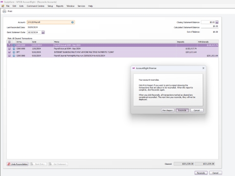 <p>For reconcilition </p><p>Go to Payroll </p><p></p><p>Mark all Clear transactions Click reconcile</p>