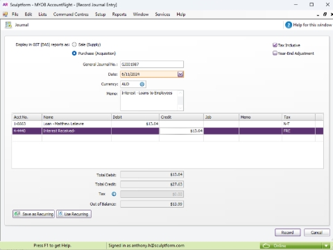 <p>After clicking the record always match the excel figure on loan account in account list MYOB</p>