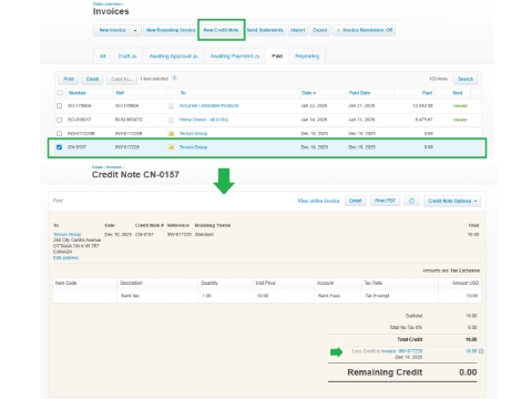 <h1><strong>Creating a Credit Note for Bank Fees in Xero</strong></h1><p></p><p>Sometimes a deposit won’t match exactly because of a bank fee or a small variation.</p><p>To fix this, create a Credit Note so the deposit can be matched properly.</p><p></p><p><strong>To Create a Credit Note</strong></p><p>Go to Business → Invoices</p><p>Click “New Credit Note”</p><p><strong>Enter the details:</strong></p><p>Contact: Select the same customer</p><p>Description: Bank Fee</p><p>Account: Select the appropriate fee/expense account</p><p>Amount: Enter the bank fee amount</p><p>Approve the credit note.</p><p></p><h3><strong>Match and Reconcile the Deposit</strong></h3><p>After creating the credit note:</p><ol><li><p>Return to <strong>Bank Accounts → Bank Feeds</strong></p></li><li><p>Click <strong>Find & Match</strong> on the deposit</p></li><li><p>Tick:</p><ul><li><p>The original invoice(s), and</p></li><li><p>The <strong>credit note</strong> you just created</p></li></ul></li><li><p>Ensure the total matches the deposit amount exactly</p></li><li><p>Click <strong>Reconcile</strong></p></li></ol><p></p>