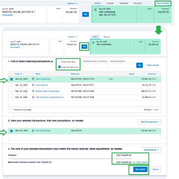 <h1><strong>Received payment from DEBTORS.</strong></h1><ul><li><p>Xero often <strong>automatically matches</strong> the deposit with an existing transaction.</p></li><li><p>However, <strong>do NOT click OK immediately.</strong></p></li><li><p>Always review the details to ensure the match is correct.</p></li></ul><p>1. Open the transaction</p><ul><li><p>When Xero suggests a match, click <strong>Find & Match.</strong></p></li></ul><p>2. Review the possible matches</p><p>You will see:</p><ul><li><p>Transactions that Xero believes match the deposit</p></li><li><p>Or, if there is no automatic match, you can manually tick the correct transactions</p></li></ul><p><strong>Note - Remote Online Deposit</strong> refers to a payment received by cheque, deposited by Tami–US team.</p><ul><li><p>If you’re unsure about a specific deposit, always ask Tami for confirmation.</p></li></ul><p>3. Check for discrepancies</p><p>Sometimes the deposit won’t match due to:</p><ul><li><p>Bank fees</p></li><li><p>Cents/rounding differences</p></li><li><p>Multiple invoices included in one deposit</p></li></ul><p>4. If there is a small variation</p><p>Create a credit note or bank fee entry so that the deposit amount exactly matches.</p><p>This allows Xero to reconcile properly.</p><p></p><p>5. Reconcile</p><ul><li><p>Once everything matches: Click <strong>Reconcile </strong>or</p></li><li><p>Click OK (only when you’re confident the match is correct from Xero but always check)</p></li></ul><p></p>