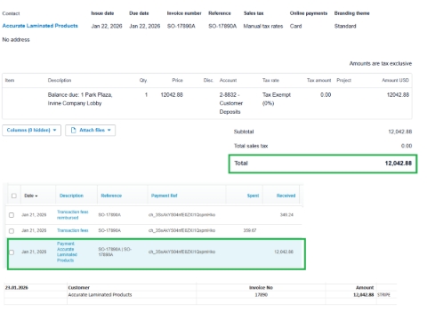 <p><strong>Credit Card Payments Received via Xero (Stripe)</strong></p><p></p><p>Credit Card Payments Appear at the Account Transactions tab when a customer pays using the Xero credit card payment link (Stripe):</p><ul><li><p>The payment will show up on the bank statement as 3 separate Stripe transactions.</p></li><li><p>It usually takes 3–5 banking days before these Stripe deposits <strong>appear in the Xero bank feeds/Reconcile tab.</strong></p></li></ul><p><strong>Once the deposit appears at the Bank feeds:</strong></p><p>You will see “<strong>STRIPE</strong>” in the payee reference with the net amount received</p><p>(This amount is after Stripe fees).</p><p></p><p>Xero will typically automatically match the Stripe deposit to these 3 transactions.</p><ul><li><p>Click <strong>Find & Match</strong>: review the matched invoice(s)</p></li><li><p>If correct, click OK to reconcile</p></li></ul><p>Always verify the match before clicking OK, as Stripe fees can cause variations.</p><p></p><p>Record/Update internal records:</p><ul><li><p><strong>SF</strong> & <strong>Direct Deposit – EFT file</strong>: enter the <strong>exact order/invoice amount</strong>, not the net Stripe deposit amount</p></li></ul><p></p>