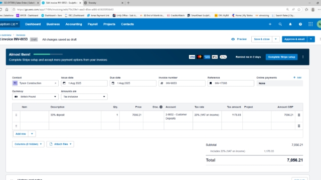 <p>Fill out the details as per attached. </p><p>*Invoice date - Deposit received date</p><p>*Due Date -Deposit received Date </p><p>*VAT - 20%</p><p>*Reference - Put the SF SO Number E.g. 17395</p><p>Click save/Approve</p>
